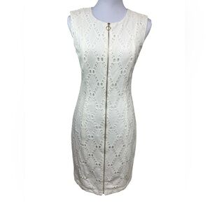 T Tahari Zip Front Eyelet Scoop Neckline Sleeveless Knee Length Dress Ivory 4